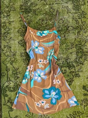 O'Neill Brown Slip Dress with Teal and Light Blue Floral Print